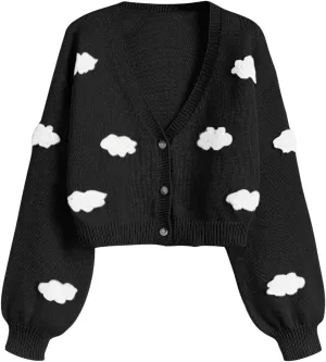 SHENHE Women's Cloud Print Button Down Sweaters V Neck Long Sleeve Crop Cardigan Top