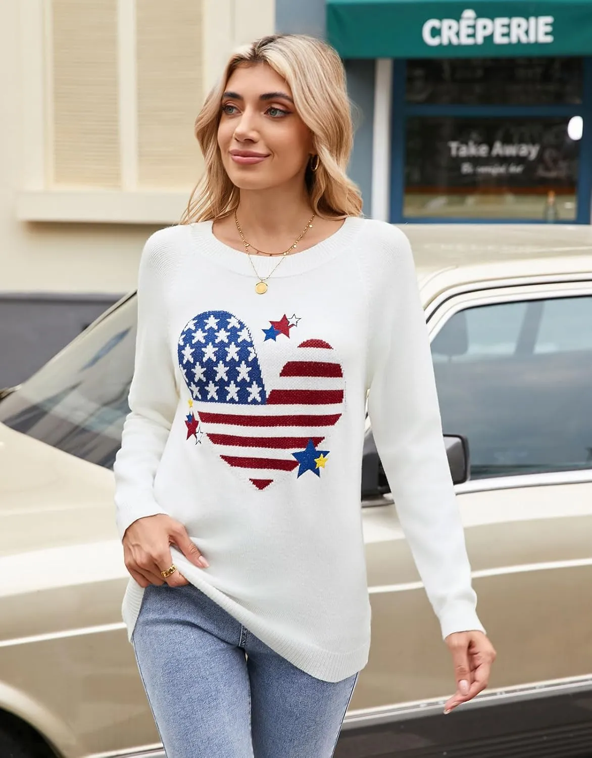 shermie Women's Pullover Sweaters Long Sleeve Crew Neck Cute Heart Knitted Casual Sweater