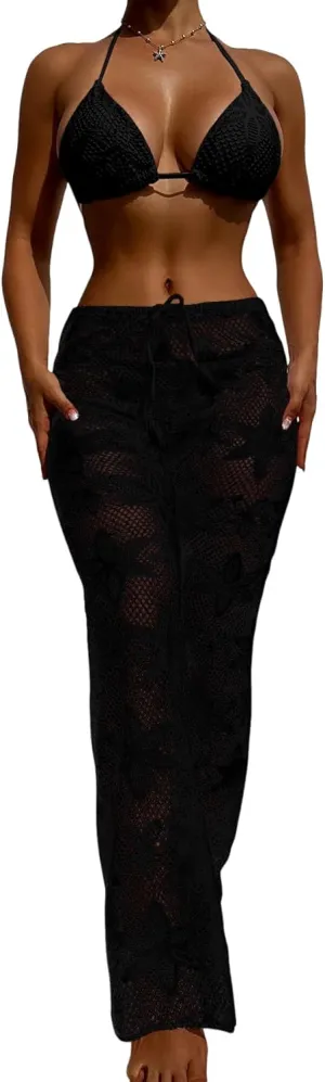 SherryDC Women's 3 Pieces Swimsuit Fishnet Self Tie Triangle Bikini Set Bathing Suit with Mesh Cover Up Pants