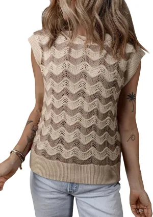 SHEWIN Sweater Vest for Women Crewneck Striped Crochet Sleeveless Sweaters Tank Tops