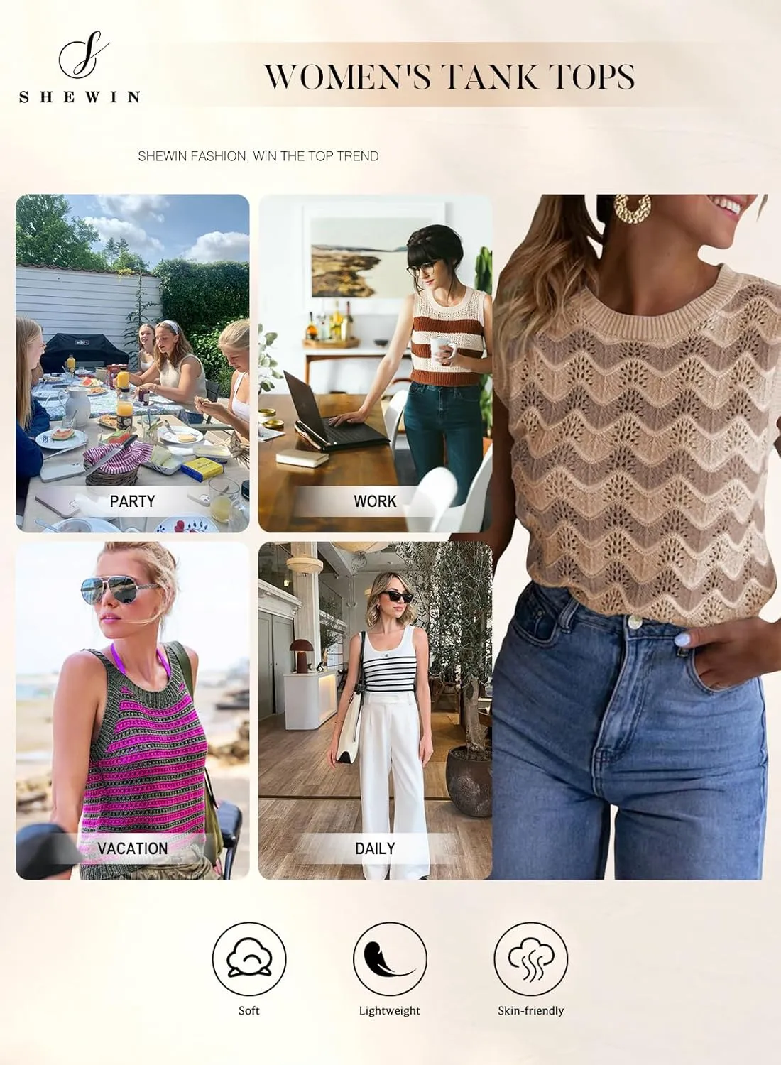 SHEWIN Sweater Vest for Women Crewneck Striped Crochet Sleeveless Sweaters Tank Tops