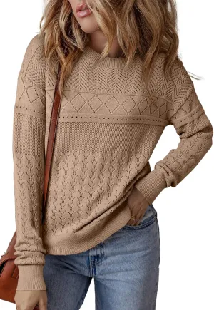 SHEWIN Sweaters for Women Casual Crew Neck Long Sleeve Crochet Pullover Tops Sweater