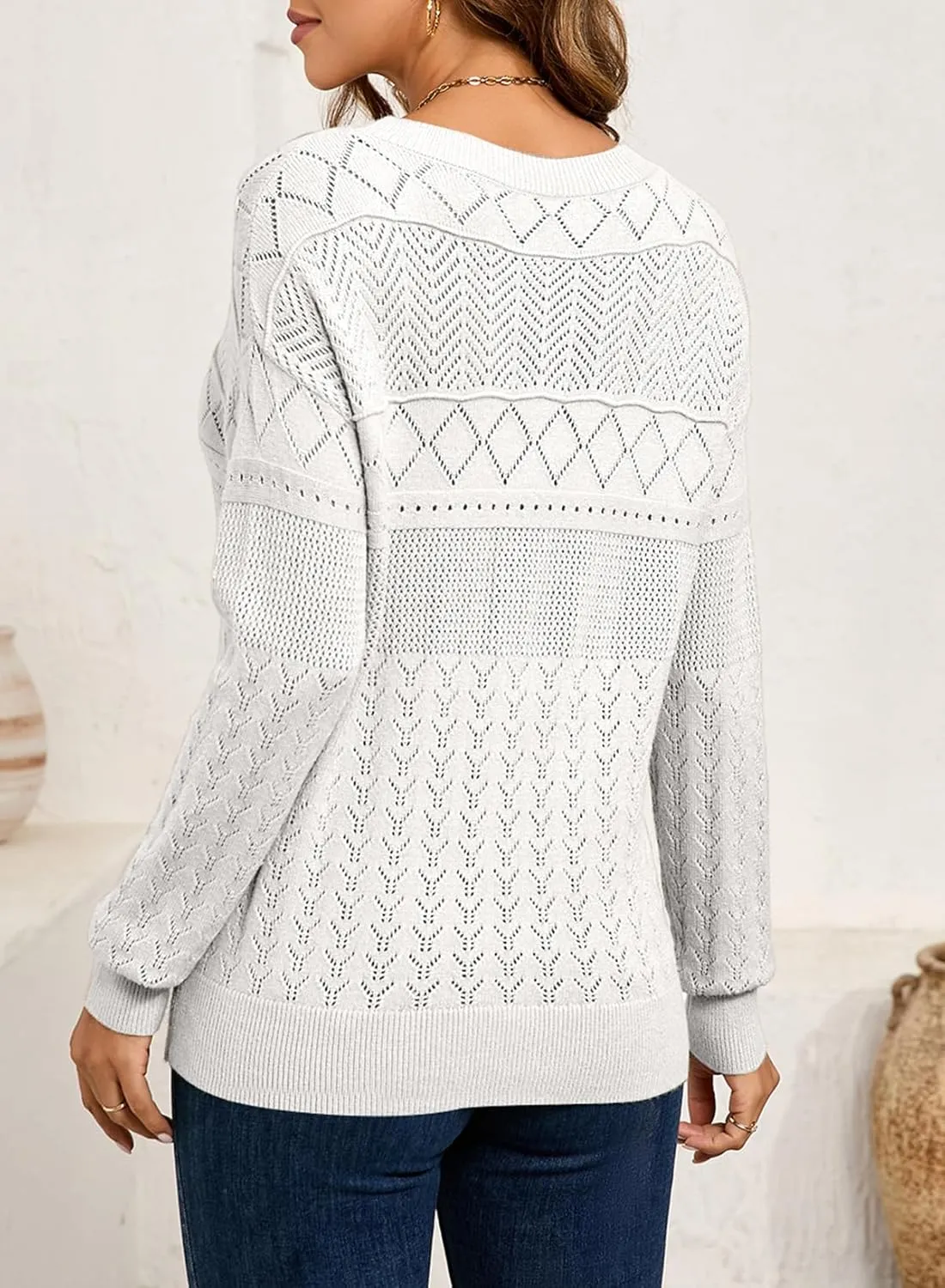 SHEWIN Sweaters for Women Casual Crew Neck Long Sleeve Crochet Pullover Tops Sweater
