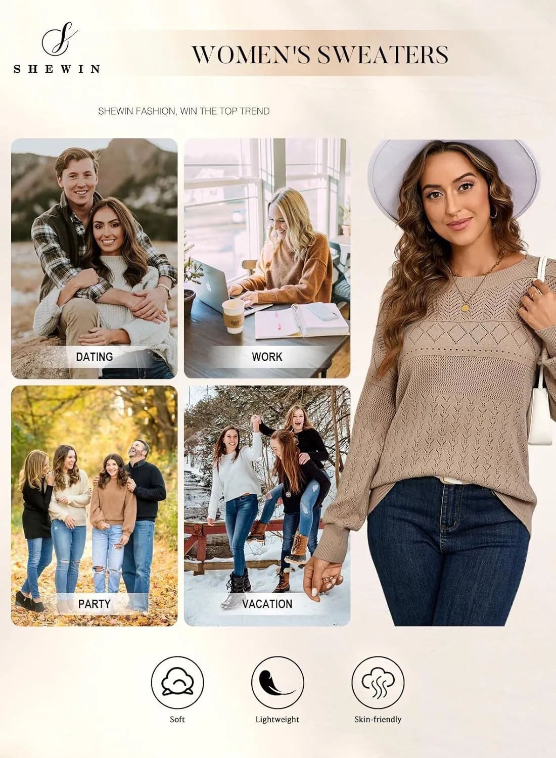 SHEWIN Sweaters for Women Casual Crew Neck Long Sleeve Crochet Pullover Tops Sweater