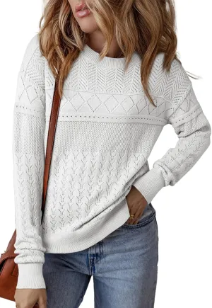 SHEWIN Sweaters for Women Casual Crew Neck Long Sleeve Crochet Pullover Tops Sweater