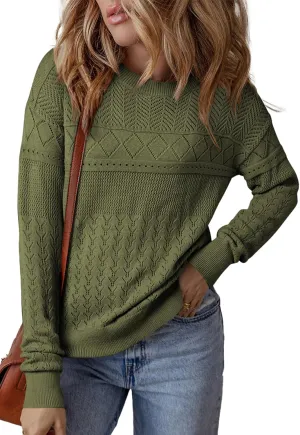SHEWIN Sweaters for Women Casual Crew Neck Long Sleeve Crochet Pullover Tops Sweater