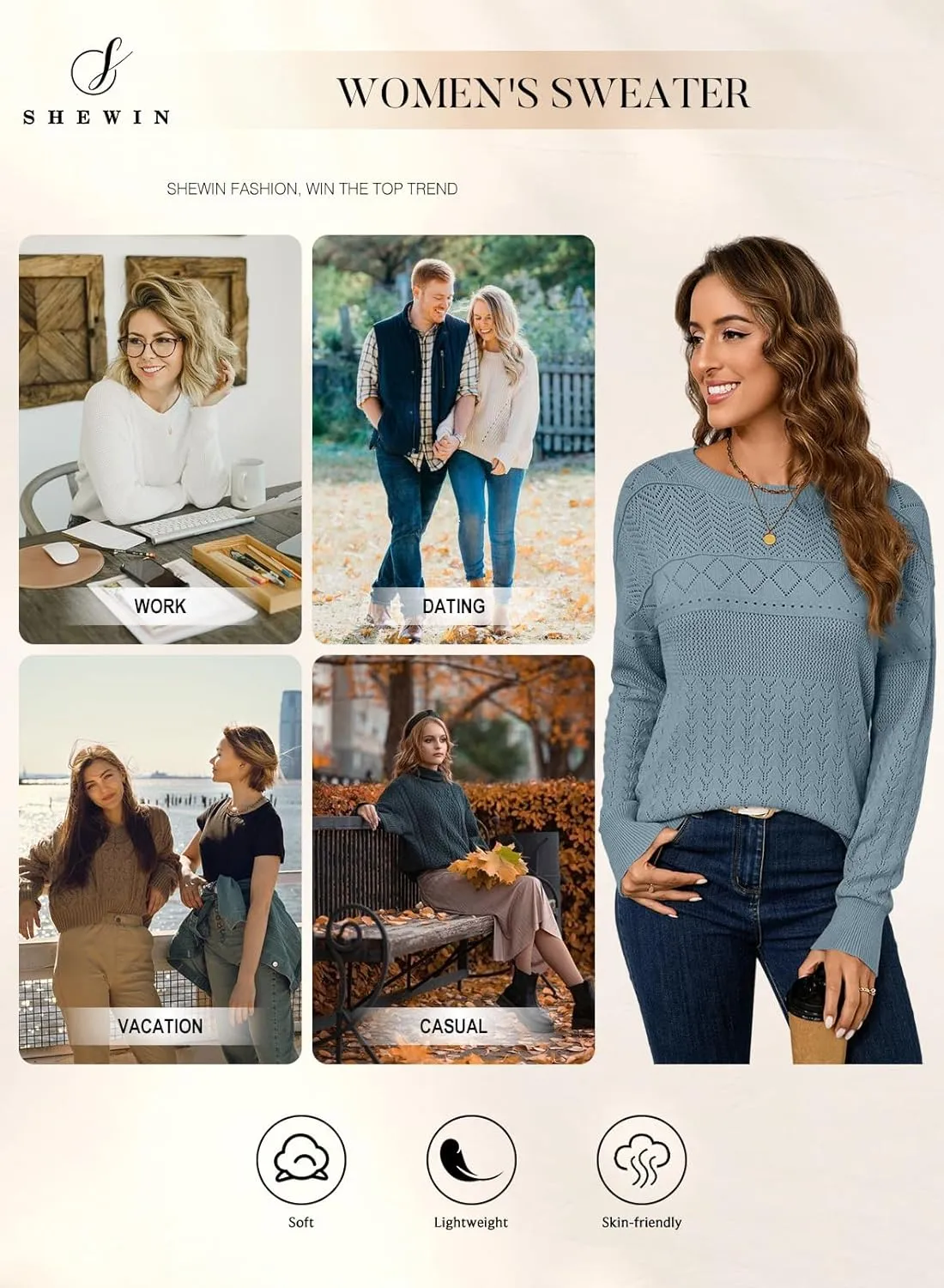 SHEWIN Sweaters for Women Casual Crew Neck Long Sleeve Crochet Pullover Tops Sweater