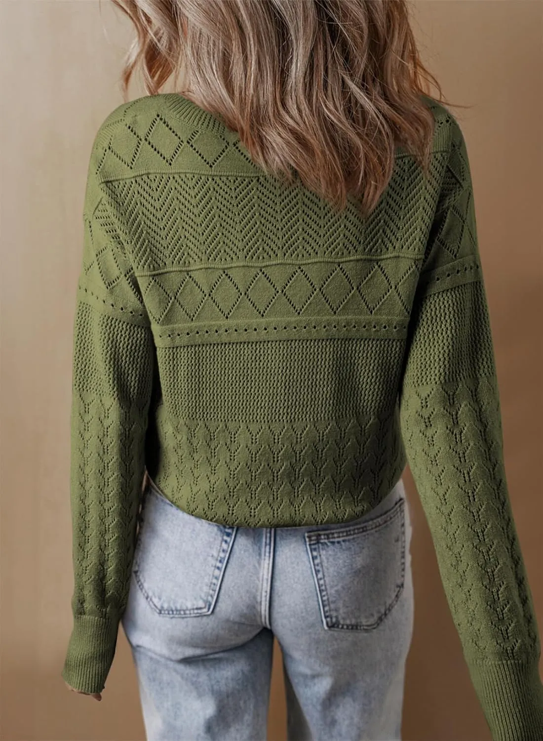 SHEWIN Sweaters for Women Casual Crew Neck Long Sleeve Crochet Pullover Tops Sweater