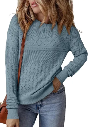 SHEWIN Sweaters for Women Casual Crew Neck Long Sleeve Crochet Pullover Tops Sweater