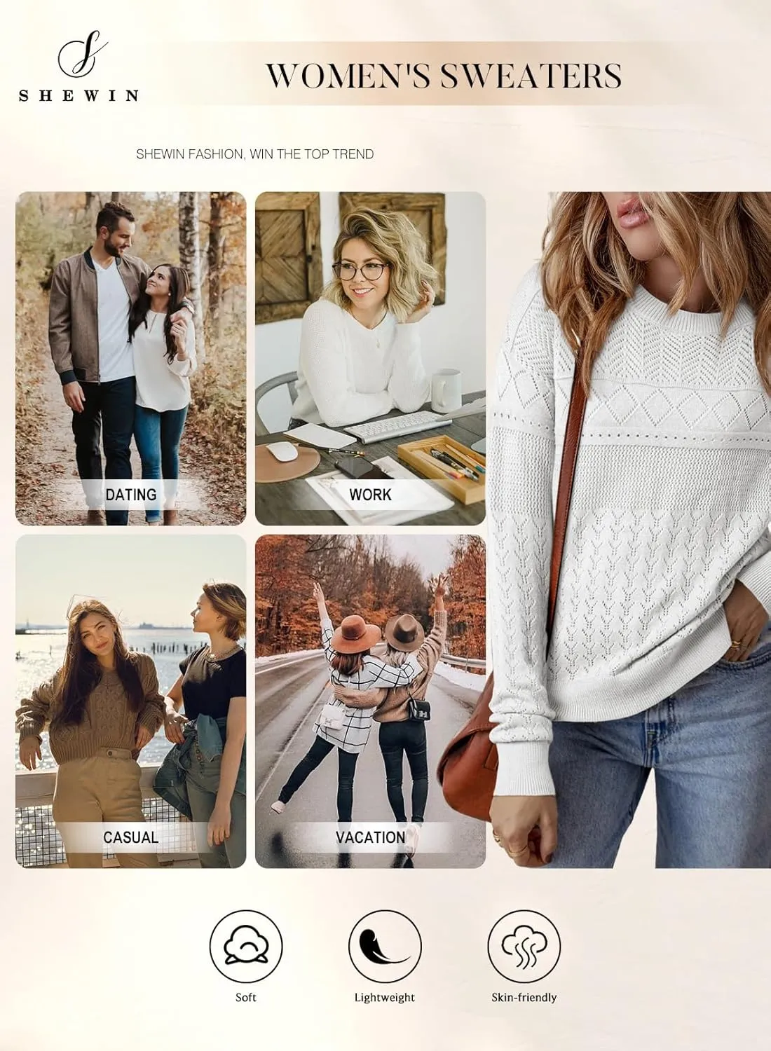 SHEWIN Sweaters for Women Casual Crew Neck Long Sleeve Crochet Pullover Tops Sweater