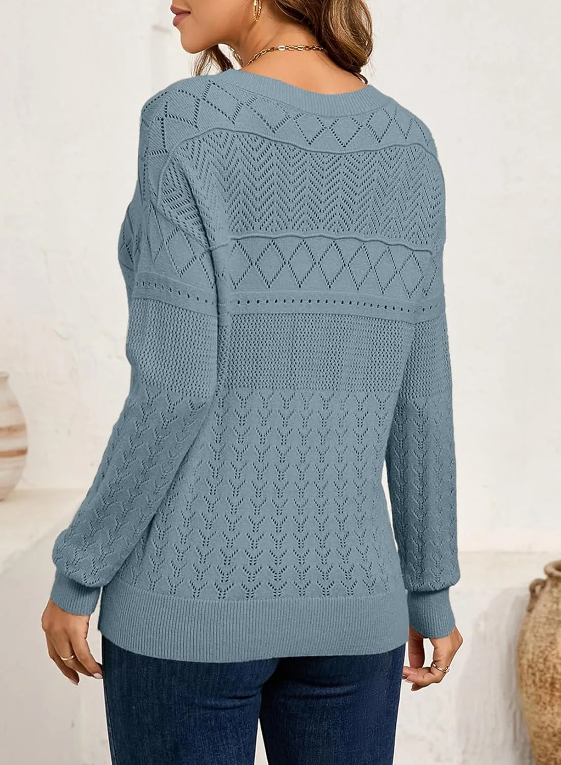 SHEWIN Sweaters for Women Casual Crew Neck Long Sleeve Crochet Pullover Tops Sweater