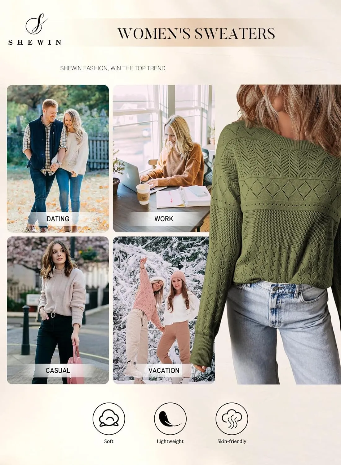 SHEWIN Sweaters for Women Casual Crew Neck Long Sleeve Crochet Pullover Tops Sweater