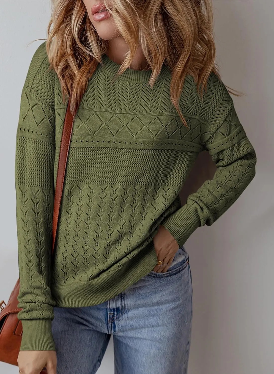 SHEWIN Sweaters for Women Casual Crew Neck Long Sleeve Crochet Pullover Tops Sweater