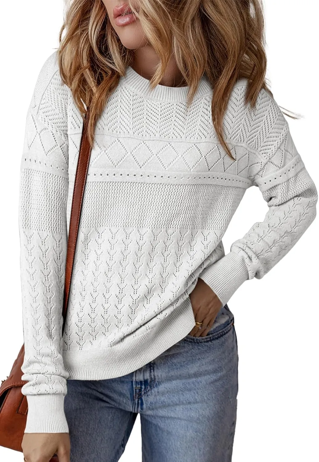 SHEWIN Sweaters for Women Casual Crew Neck Long Sleeve Crochet Pullover Tops Sweater