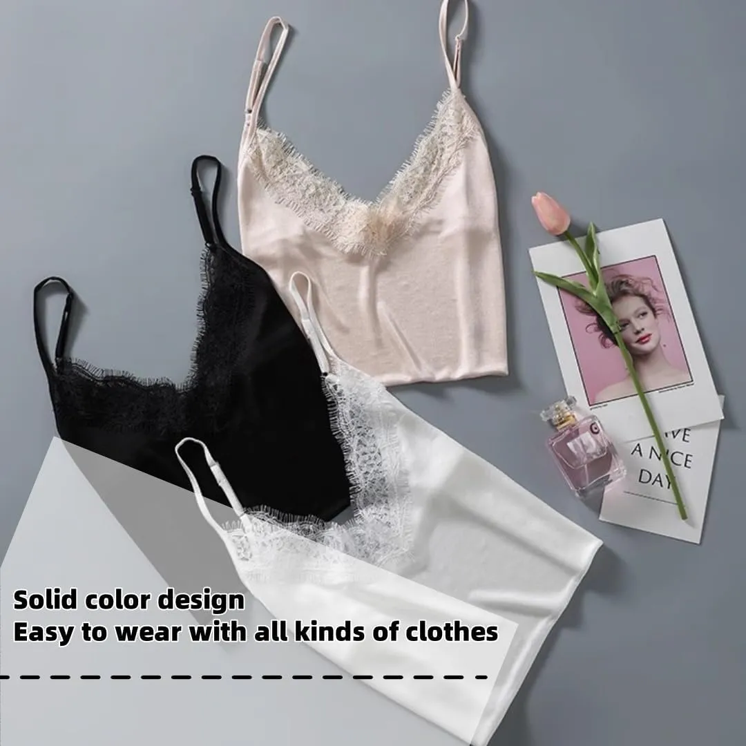 Silk Knit Camisole Top Women's V-Neck Lace Trim Sleeveless Shir,Adjustable Straps for Casual Beach Vacation,M-2XL