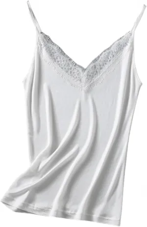Silk Knit Camisole Top Women's V-Neck Lace Trim Sleeveless Shir,Adjustable Straps for Casual Beach Vacation,M-2XL