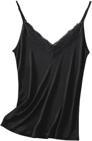 Silk Knit Camisole Top Women's V-Neck Lace Trim Sleeveless Shir,Adjustable Straps for Casual Beach Vacation,M-2XL
