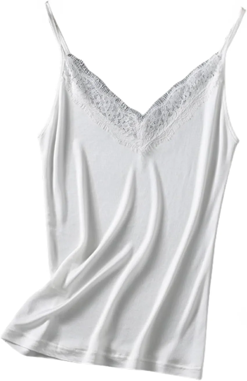 Silk Knit Camisole Top Women's V-Neck Lace Trim Sleeveless Shir,Adjustable Straps for Casual Beach Vacation,M-2XL