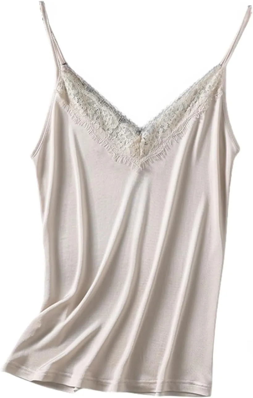 Silk Knit Camisole Top Women's V-Neck Lace Trim Sleeveless Shir,Adjustable Straps for Casual Beach Vacation,M-2XL