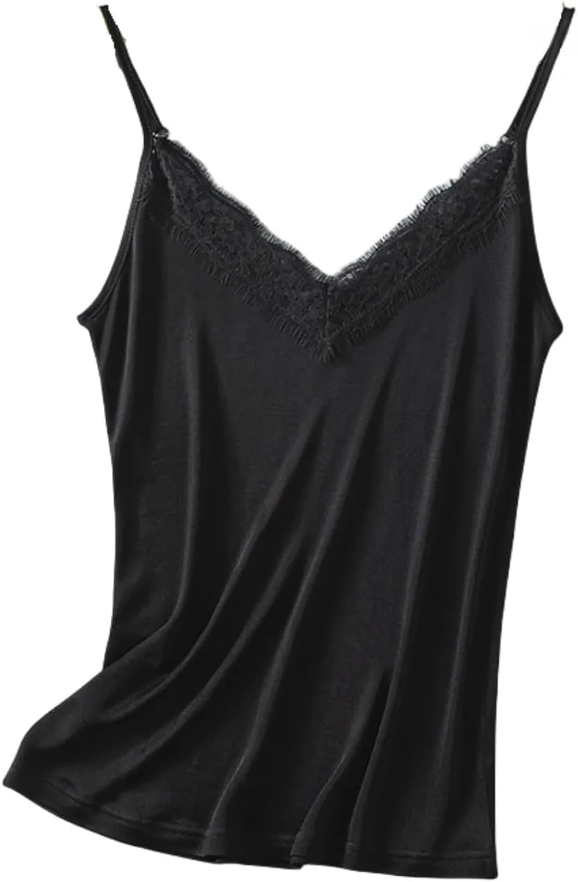 Silk Knit Camisole Top Women's V-Neck Lace Trim Sleeveless Shir,Adjustable Straps for Casual Beach Vacation,M-2XL