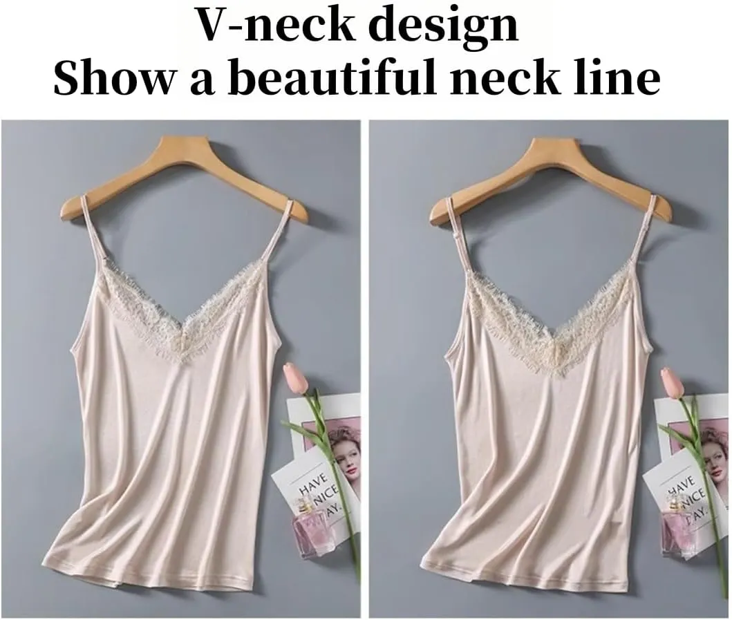 Silk Knit Camisole Top Women's V-Neck Lace Trim Sleeveless Shir,Adjustable Straps for Casual Beach Vacation,M-2XL