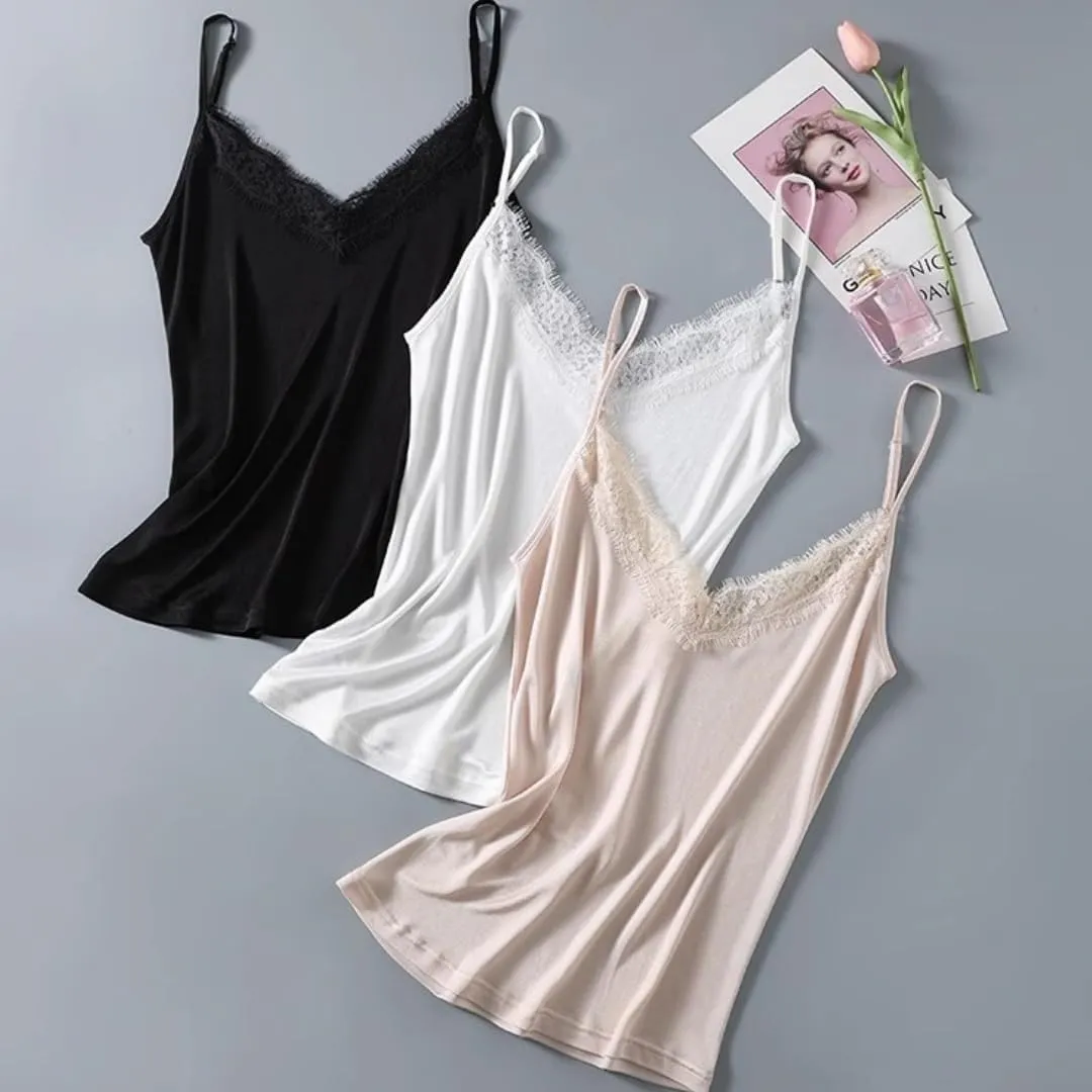 Silk Knit Camisole Top Women's V-Neck Lace Trim Sleeveless Shir,Adjustable Straps for Casual Beach Vacation,M-2XL