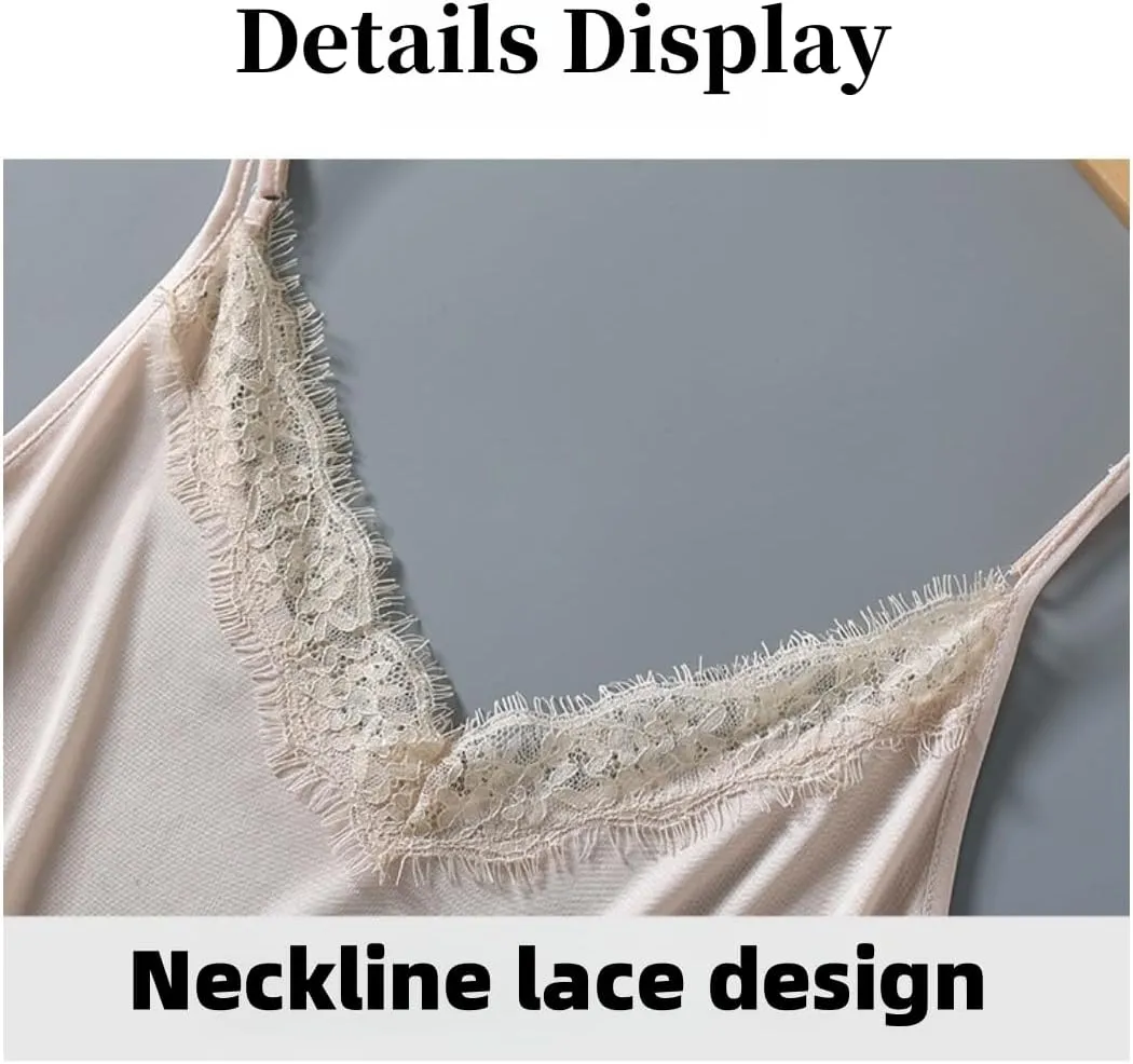 Silk Knit Camisole Top Women's V-Neck Lace Trim Sleeveless Shir,Adjustable Straps for Casual Beach Vacation,M-2XL