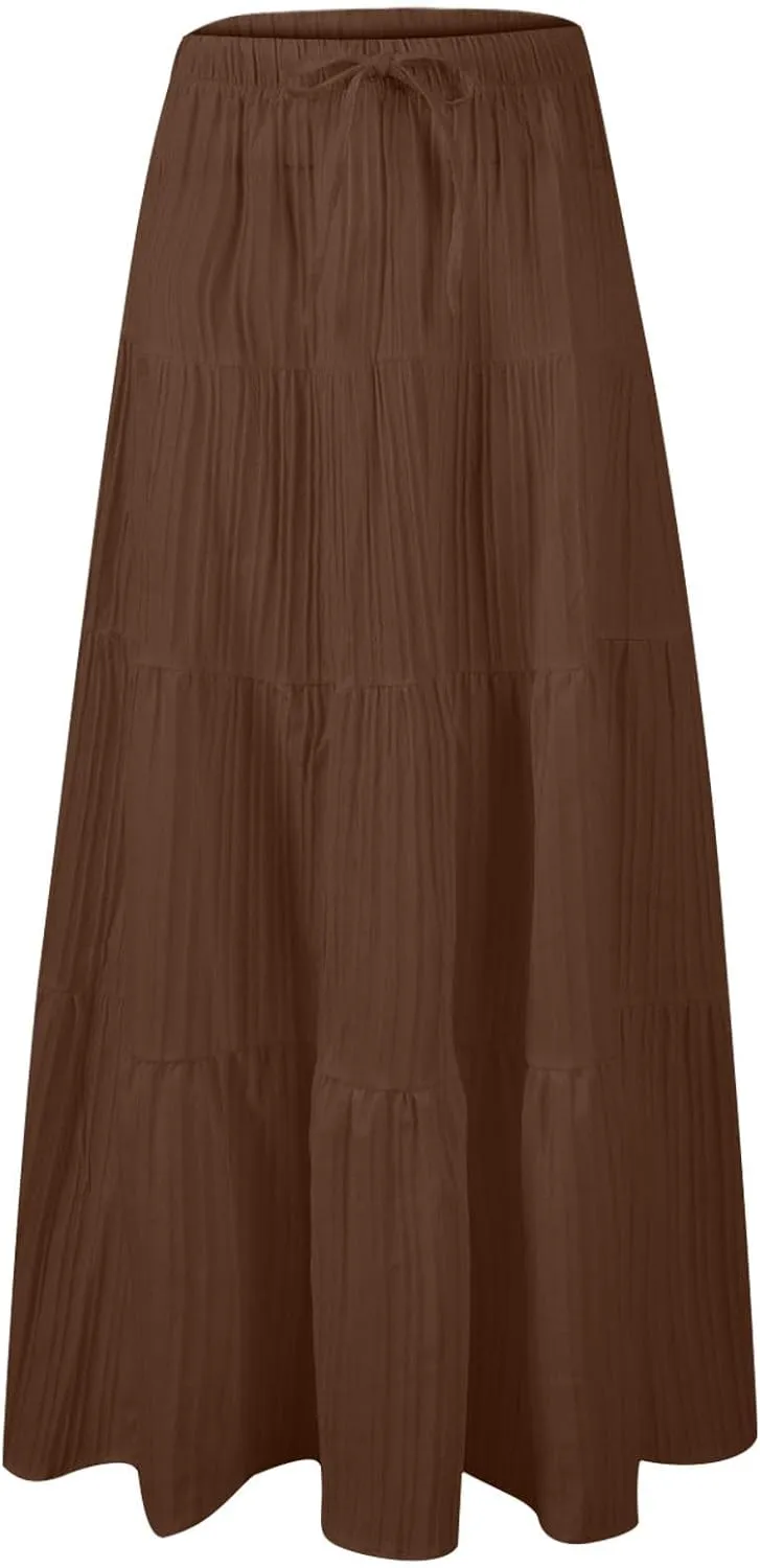 Sinzelimin Women's Maxi Skirts Fashion Solid Color Lace up Elastic Waist Pleated Dresses Boho Swing Tiered A-Line Skirt Skort