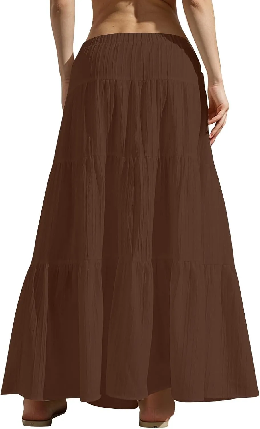 Sinzelimin Women's Maxi Skirts Fashion Solid Color Lace up Elastic Waist Pleated Dresses Boho Swing Tiered A-Line Skirt Skort