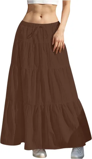 Sinzelimin Women's Maxi Skirts Fashion Solid Color Lace up Elastic Waist Pleated Dresses Boho Swing Tiered A-Line Skirt Skort