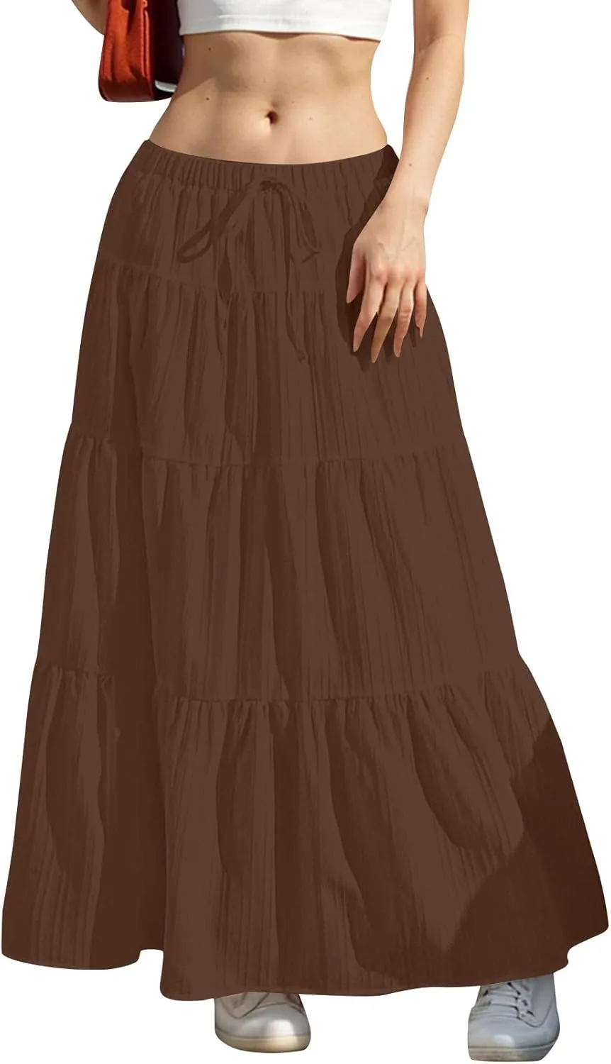 Sinzelimin Women's Maxi Skirts Fashion Solid Color Lace up Elastic Waist Pleated Dresses Boho Swing Tiered A-Line Skirt Skort