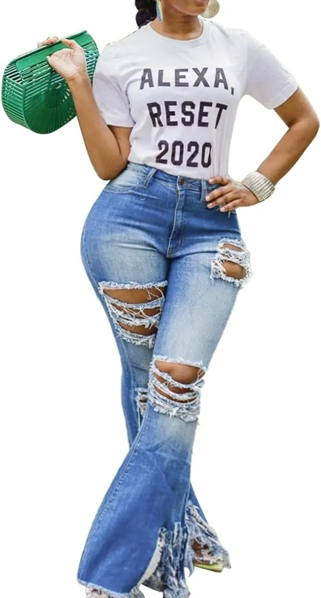 Skinny Ripped Bell Bottom Jeans for Women Classic High Waisted Flared Jean Pants