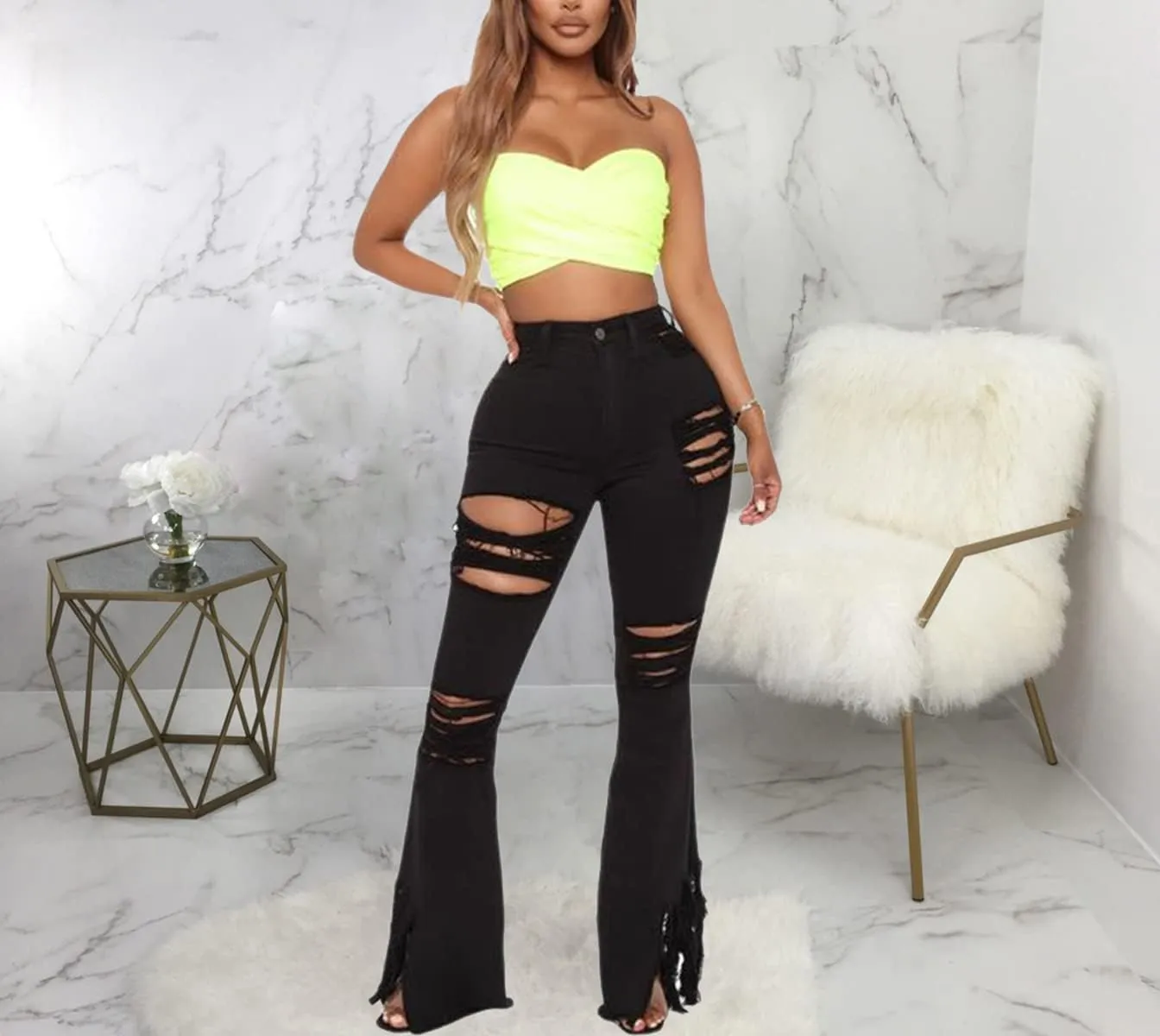 Skinny Ripped Bell Bottom Jeans for Women Classic High Waisted Flared Jean Pants
