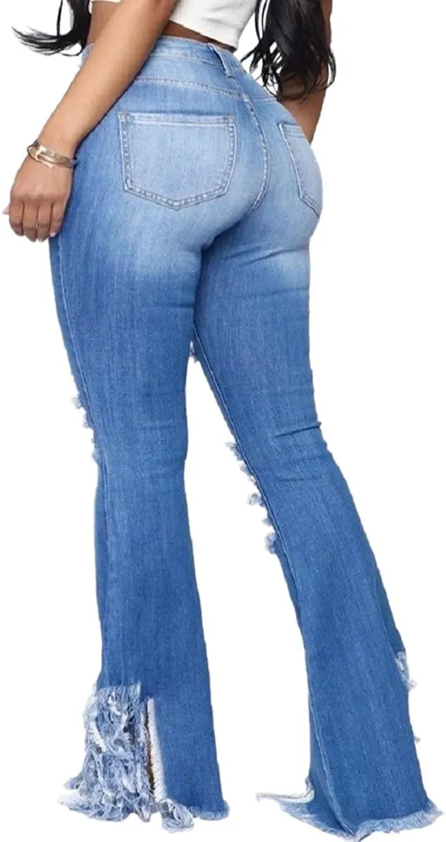 Skinny Ripped Bell Bottom Jeans for Women Classic High Waisted Flared Jean Pants
