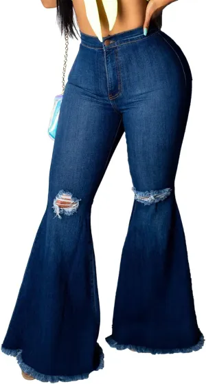 Skinny Ripped Bell Bottom Jeans for Women Classic High Waisted Flared Jean Pants