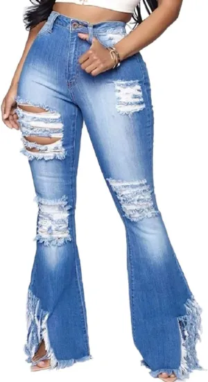 Skinny Ripped Bell Bottom Jeans for Women Classic High Waisted Flared Jean Pants