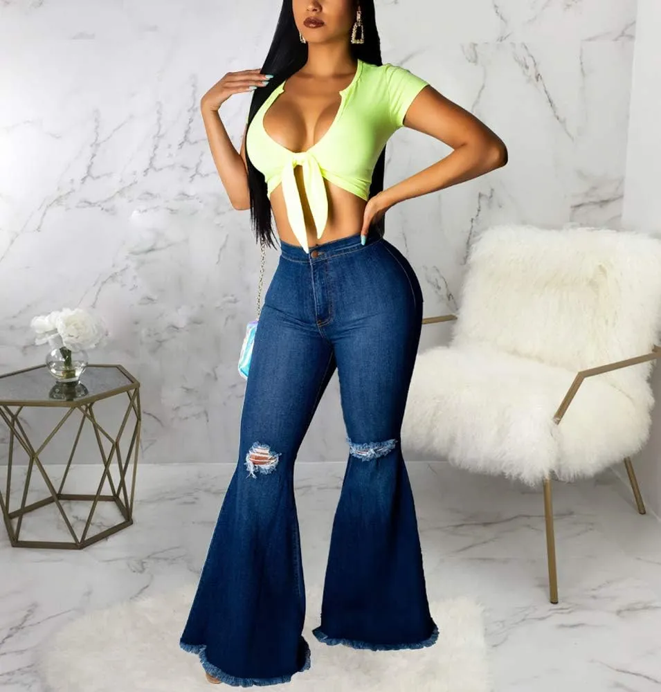 Skinny Ripped Bell Bottom Jeans for Women Classic High Waisted Flared Jean Pants