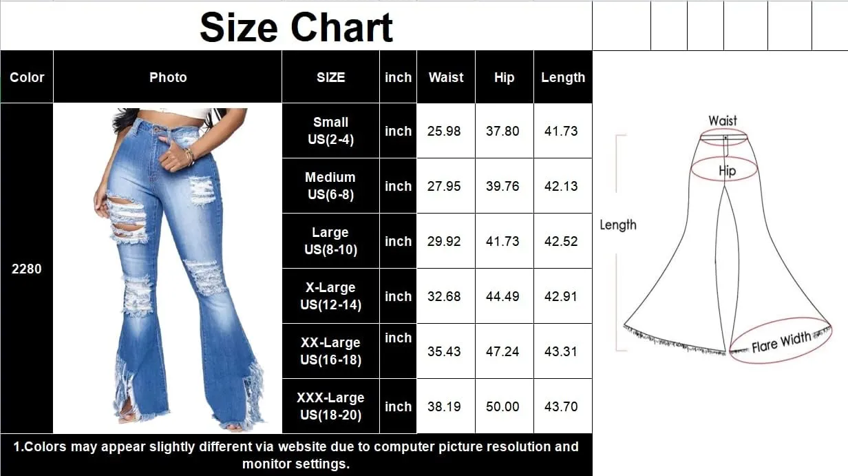 Skinny Ripped Bell Bottom Jeans for Women Classic High Waisted Flared Jean Pants