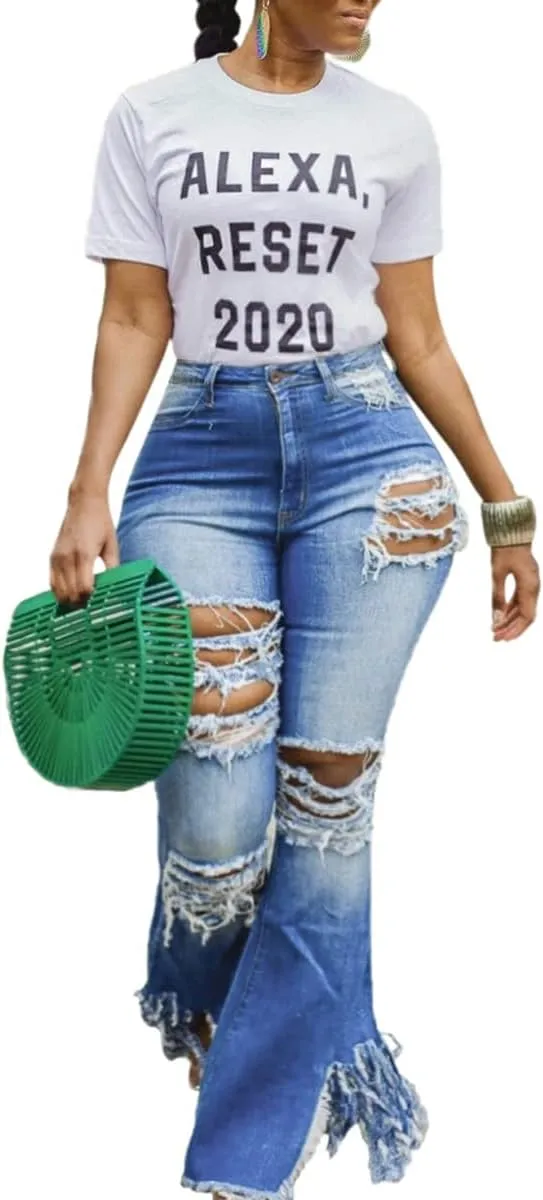 Skinny Ripped Bell Bottom Jeans for Women Classic High Waisted Flared Jean Pants