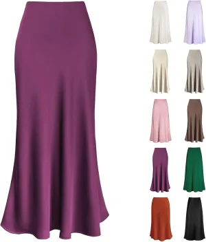 Skirt for Women Dressy Casual Elegant Silky Satin Ruffle Skirt Soft Fashion Slim Fit High Waist Bodycon Long Skirts