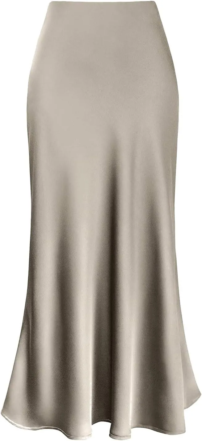 Skirt for Women Dressy Casual Elegant Silky Satin Ruffle Skirt Soft Fashion Slim Fit High Waist Bodycon Long Skirts