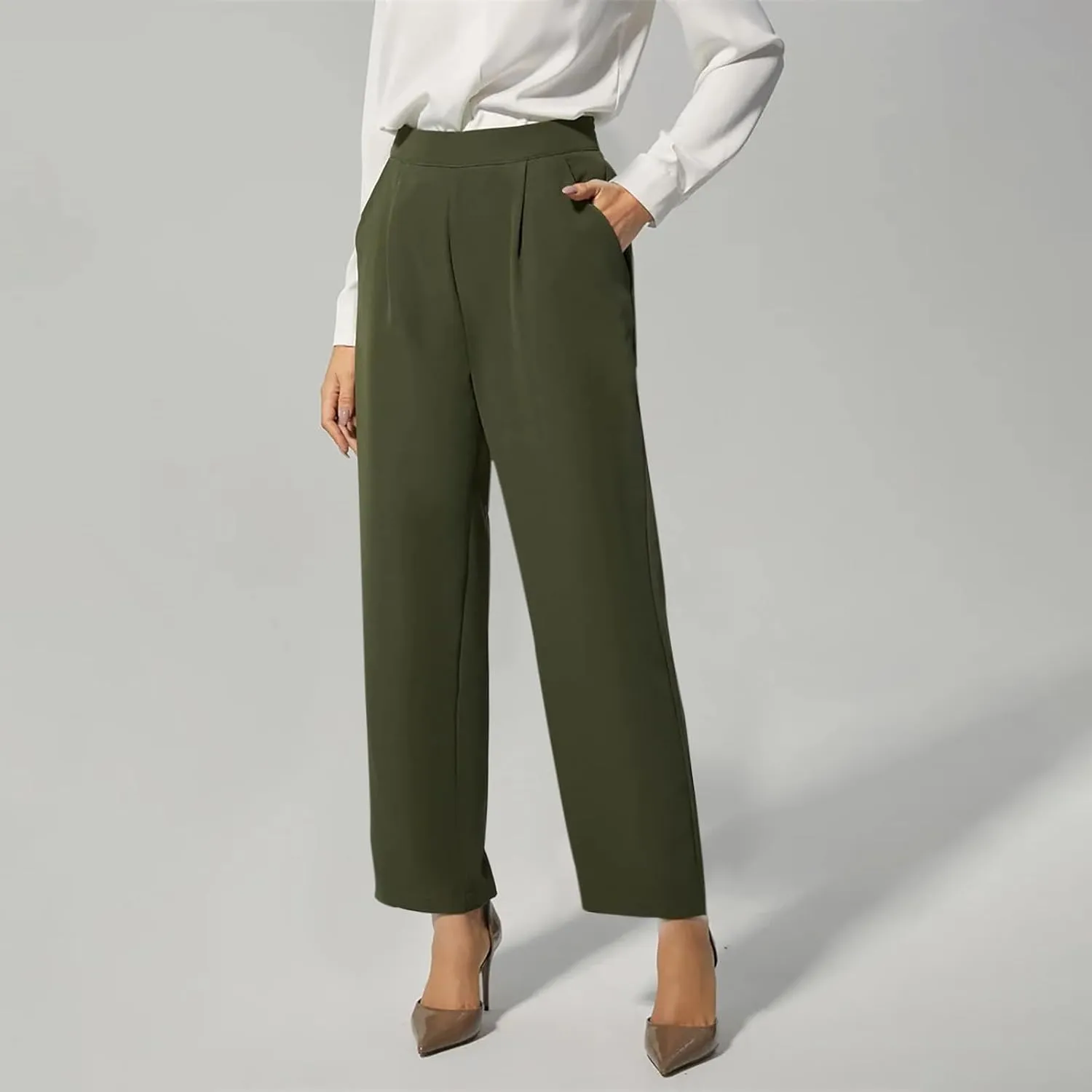Slacks for Women Business Casual High Waisted Wide Leg Pleated Dress Pants Vintage Loose Palazzo Pant Trousers