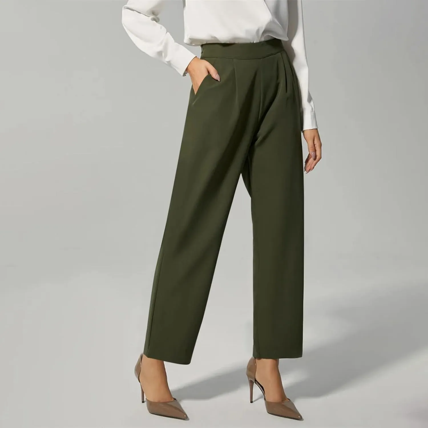 Slacks for Women Business Casual High Waisted Wide Leg Pleated Dress Pants Vintage Loose Palazzo Pant Trousers