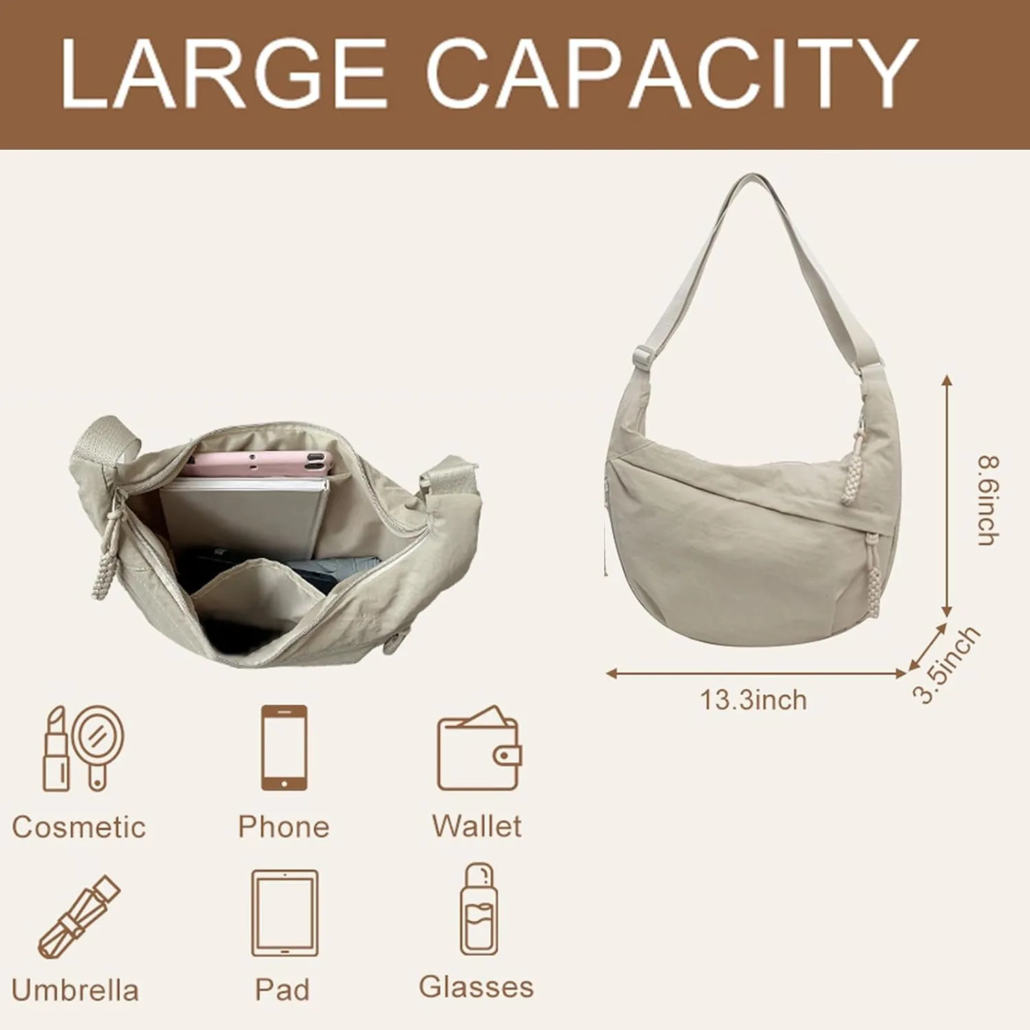 Slouchy Dumpling Bag,Preferable Crossbody Bag,Women's Nylon Crossbody Bag  Slouchy Hobo Bag with Multiple Pockets