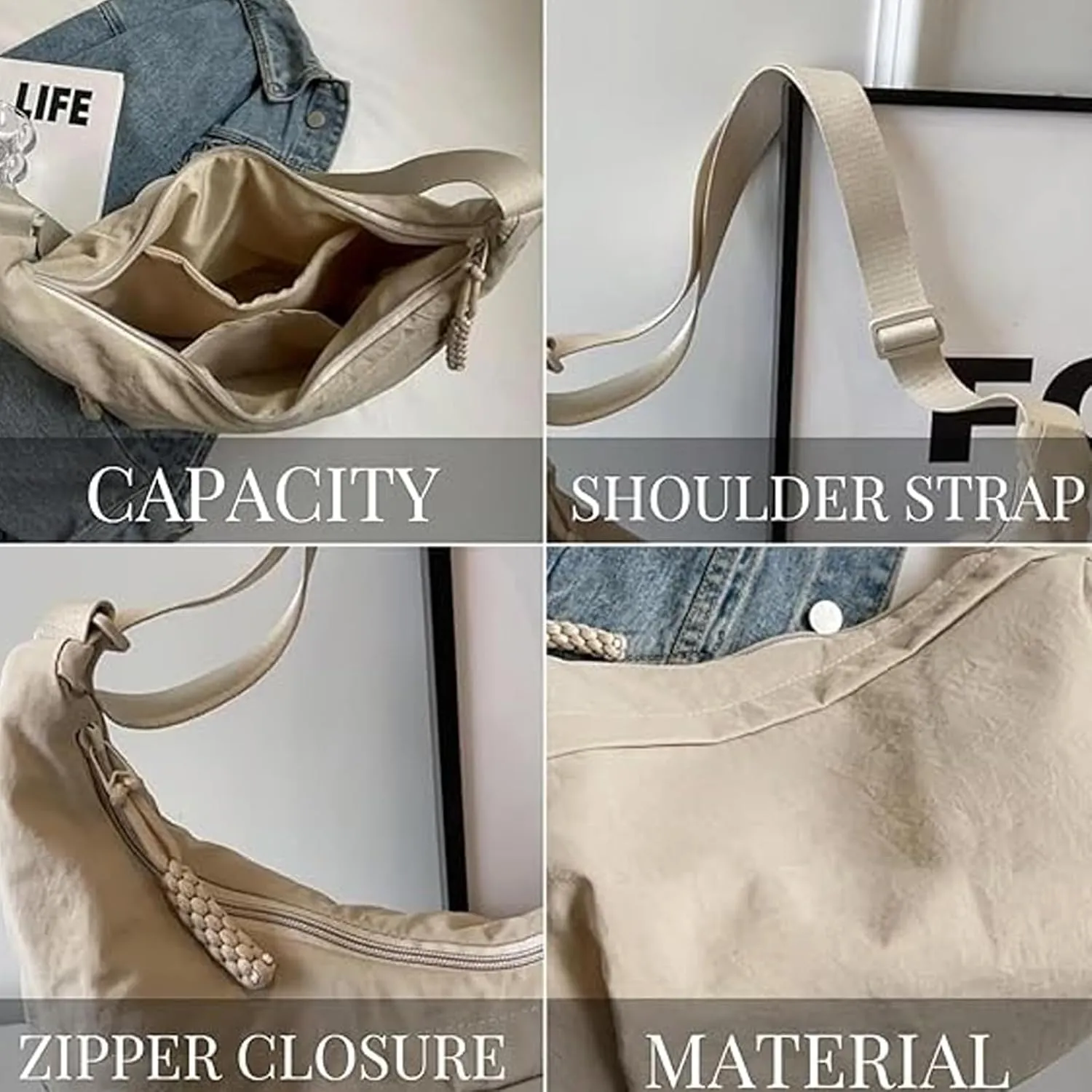 Slouchy Dumpling Bag,Preferable Crossbody Bag,Women's Nylon Crossbody Bag  Slouchy Hobo Bag with Multiple Pockets