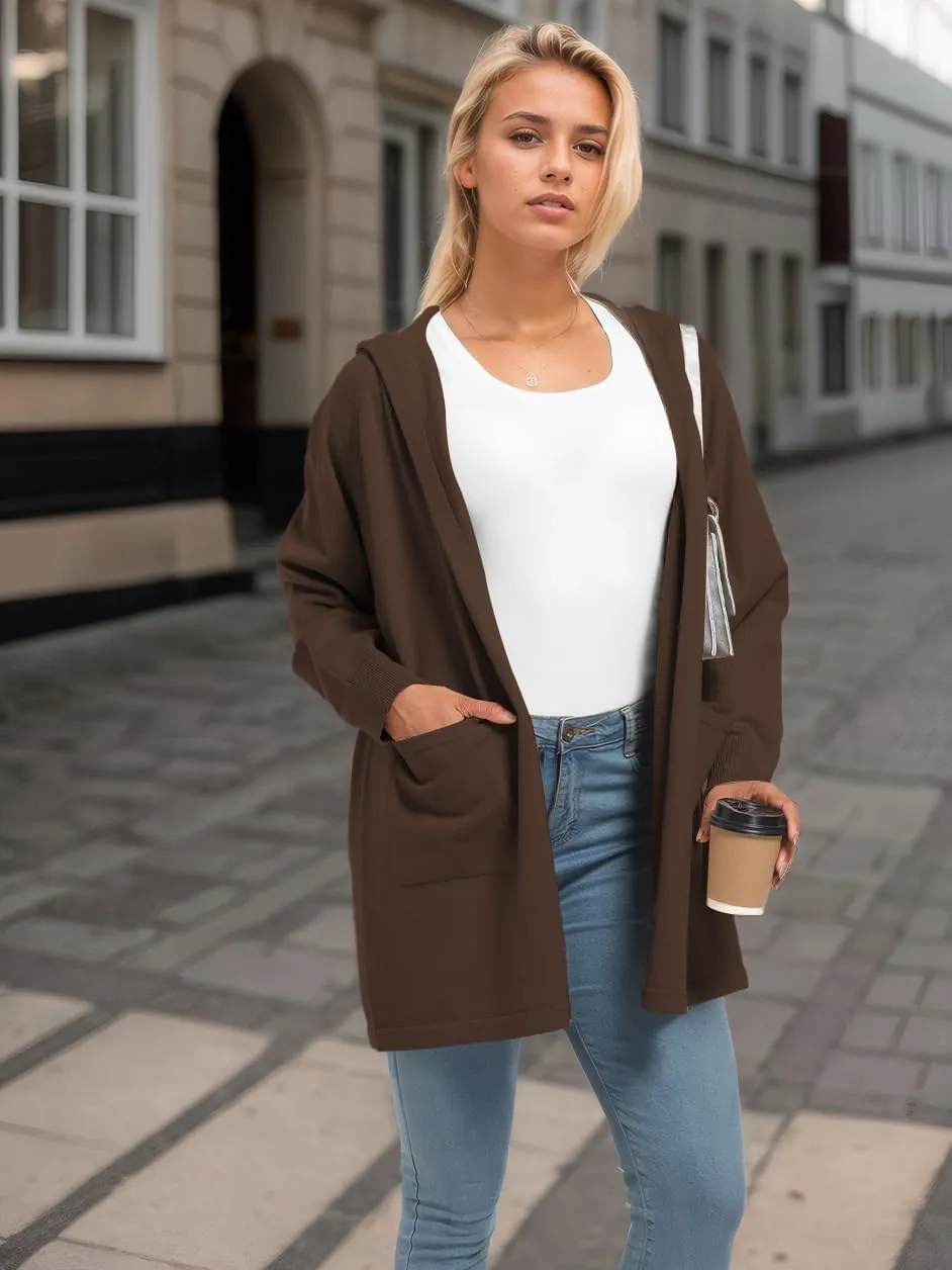 SMENG Women's Lightweight Hooded Sweater Open Front Cardigan Casual Knit Long Sleeve Outerwear with Pockets