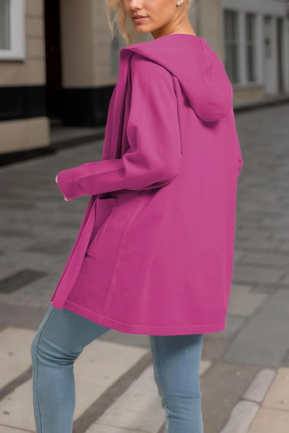 SMENG Women's Lightweight Hooded Sweater Open Front Cardigan Casual Knit Long Sleeve Outerwear with Pockets