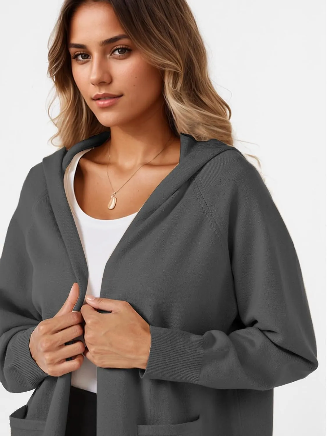 SMENG Women's Lightweight Hooded Sweater Open Front Cardigan Casual Knit Long Sleeve Outerwear with Pockets