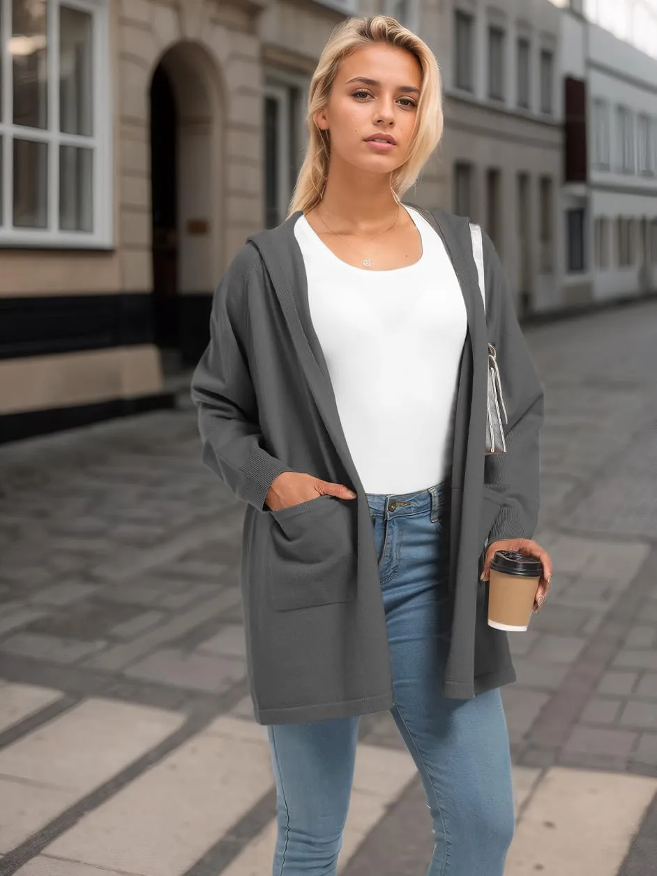 SMENG Women's Lightweight Hooded Sweater Open Front Cardigan Casual Knit Long Sleeve Outerwear with Pockets