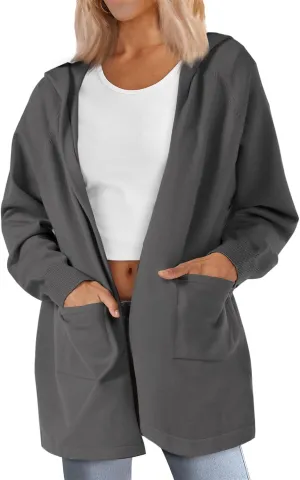 SMENG Women's Lightweight Hooded Sweater Open Front Cardigan Casual Knit Long Sleeve Outerwear with Pockets